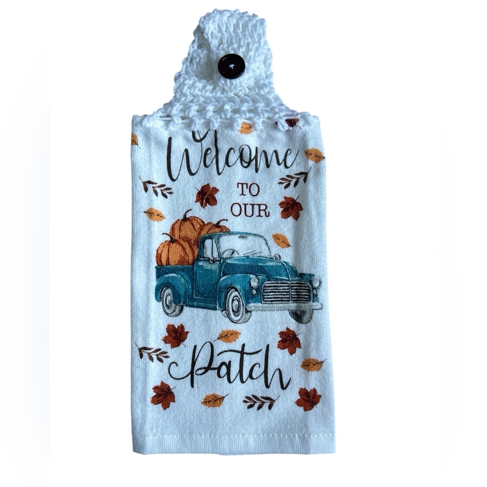 HAND CRAFTED Colorful Fall Pumpkins Crochet Top Hanging Kitchen Hand Towel
